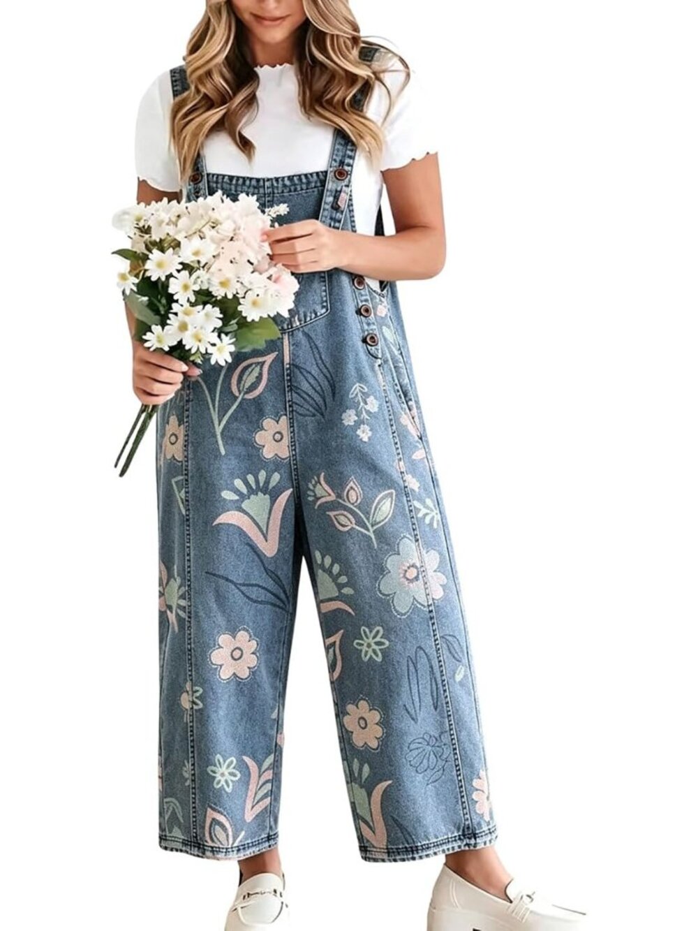 Women's Blue Baggy Floral Denim Bib Overalls Jeans Y2K Wide Leg Overall Jumpsuit